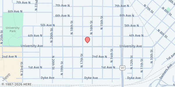 Map showing Salvation Army Grand Forks Food Shelf at 1600 University Ave, Grand Forks, ND