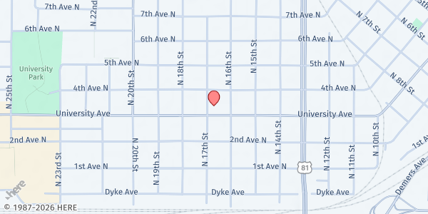 Map showing The Salvation Army Grand Forks at 1600 University Ave, Grand Forks, ND