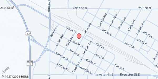 Map showing Harvey Food Pantry at 708 Alder Ave., Harvey, ND