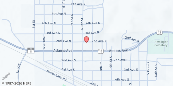 Map showing Adams County Food Pantry at 609 2nd Ave. N, Hettinger, ND