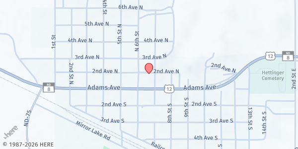 Map showing Adams County Social Services Board at 609 2nd Ave N, Hettinger, ND