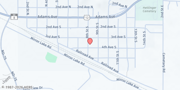 Map showing Hettinger Baptist Church at 802 4th Ave S, Hettinger, ND
