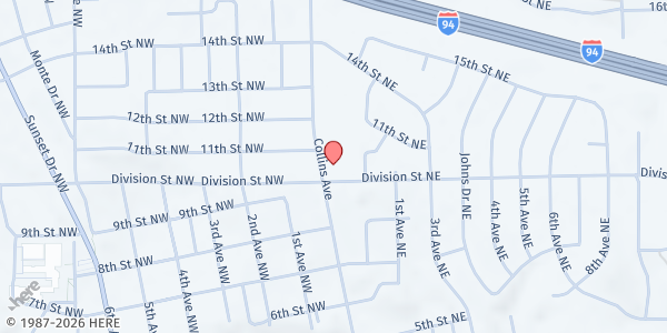 Map showing The Lord's Choice - First Baptist Church Mandan at 1100 Collins Ave, Mandan, ND