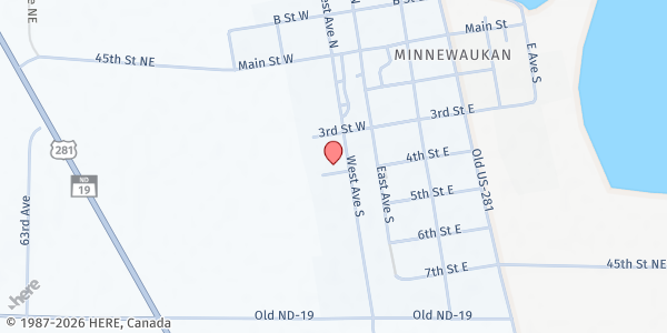 Map showing Benson County Social Services at 108 4th St, Minnewaukan, ND