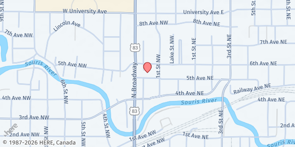 Map showing Luther's Kitchen at 120 5th Ave NW, Minot, ND