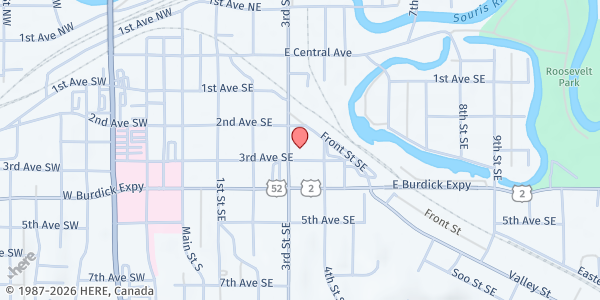 Map showing Ward County Social Services - Minot at 225 3rd St SE, Minot, ND