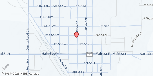 Map showing Zion Food Pantry - Food Distribution Center at 203 1st Ave NE, Mohall, ND