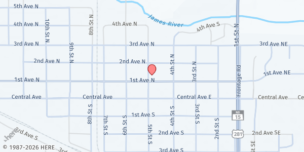 Map showing Hunger Free Food Pantry at First Lutheran Church at 436 1st St Ave N, New Rockford, ND