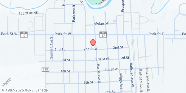Map showing Park River Area Food Pantry at 129 Harris Ave S, Park River, ND