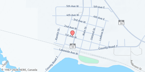 Map showing Powers Lake Food Pantry - Food Distribution Center at 201 1st Ave W, Powers Lake, ND