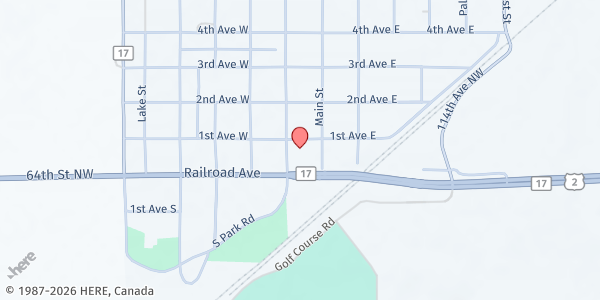 Map showing Ray Food Pantry at 24 Railroad Ave, Suite 1, Ray, ND