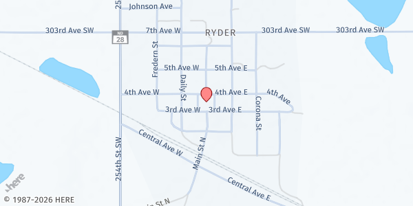 Map showing Ryder Community Gym at 1 4th Ave. W, Ryder, ND