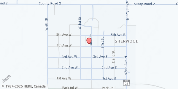 Map showing Our Saviors Lutheran Church at Main St, Sherwood, ND