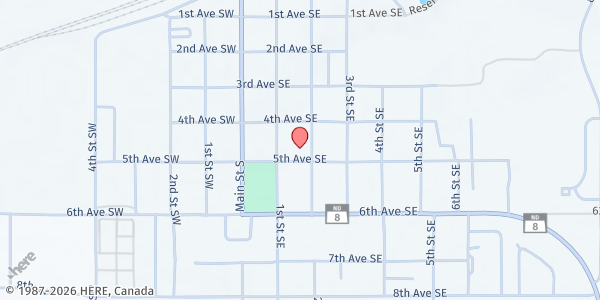 Map showing Queen of the Most Holy Rosary Catholic Church at 426 2nd St SE, Stanley, ND