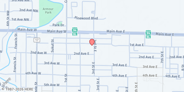Map showing All Nations Assembly of God Church at 108 3rd St. E, West Fargo, ND