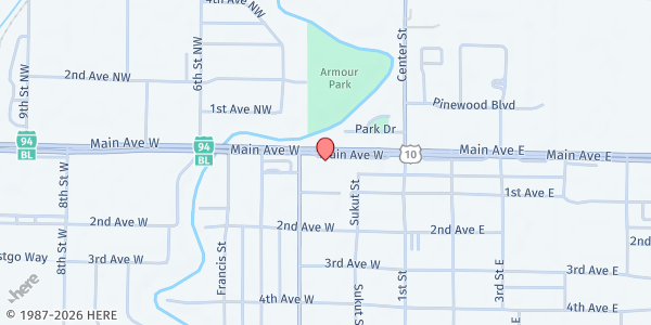 Map showing Church of God's Word Food Pantry at 227 West Main Avenue, West Fargo, ND
