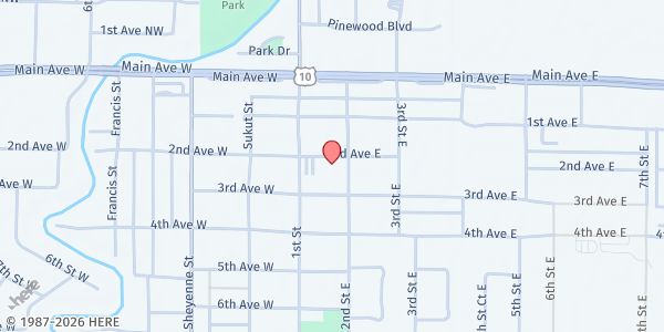 Map showing Faith † Journey Lutheran Church at 127 2nd Ave E, West Fargo, ND