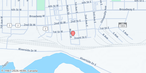 Map showing Salvation Army - Food Distribution Center at 15 S Main St, Williston, ND