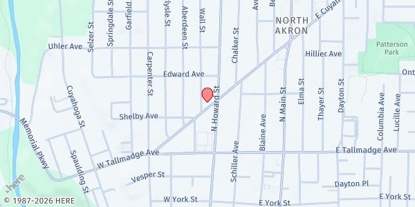 Map showing Akron Missionary Baptist Church at 17 W. Cuyahoga Falls Ave., Akron, OH