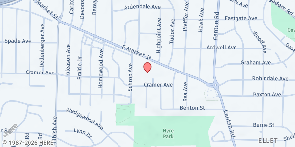 Map showing Arlington Memorial Baptist Church at 737 George Washington Blvd, Akron, OH