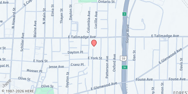 Map showing Blessed Trinity Parish at 575 Dellmar Ave., Akron, OH