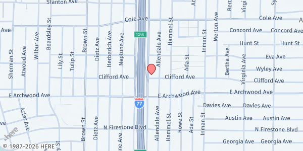 Map showing Faith in Christ Ministries at 1213 Coventry St., Akron, OH