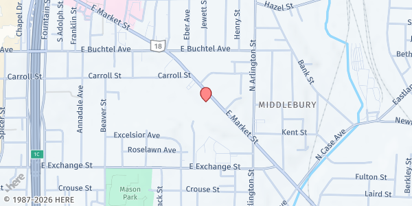 Map showing Family of Faith United Methodist Church at 800 E. Market St, Akron, OH