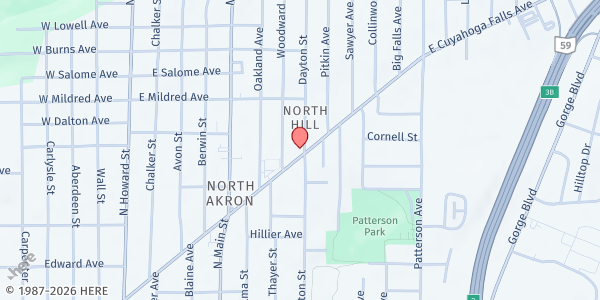 Map showing Feed My Sheep at 915 N. Main St., Akron, OH