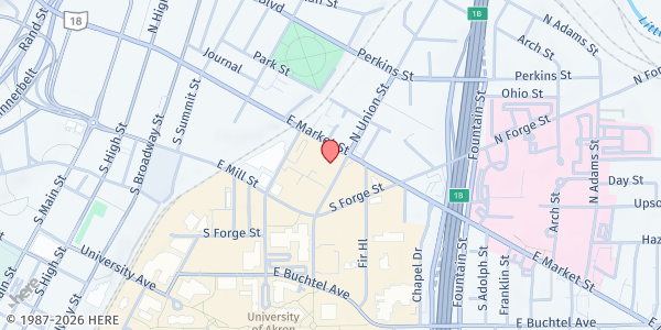 Map showing First Congregational Church - Feeding Hope Food Pantry at 292 E Market St, Akron, OH