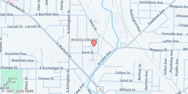 Map showing Fr. Hilkert Ozanam Center Pantry at 93 Kent St., Akron, OH