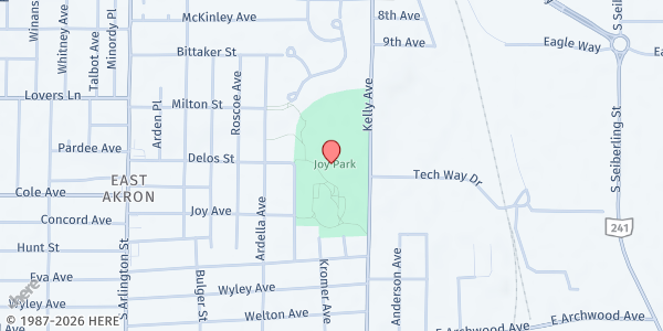 Map showing Good Samaritan Hunger Center at Joy Park Community Center at 825 James Ingram Way, Akron, OH
