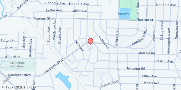 Map showing Goodyear Heights Presbyterian Church Pantry at 1453 Goodyear Blvd., Akron, OH