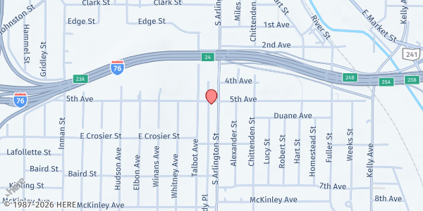 Map showing Greater Bethel Baptist Church at 404 S. Arlington St., Akron, OH