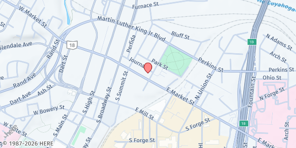 Map showing Haven of Rest Ministries at 175 East Market Street, Akron, OH