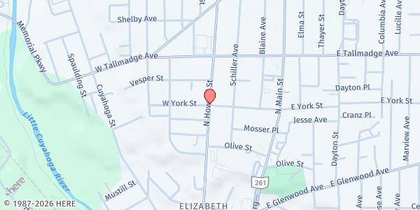 Map showing He Brought Us Out Ministry at 526 N Howard St, Akron, OH