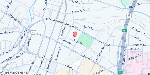 Map showing Holy Trinity Lutheran Church at 50 N Prospect Street, Akron, OH