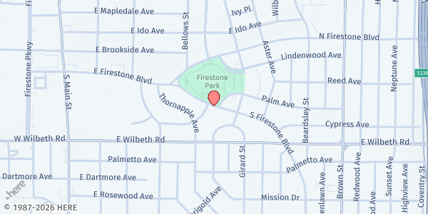 Map showing Jake's Reach Meal Distribution Site at 250 N Firestone Blvd, Akron, OH