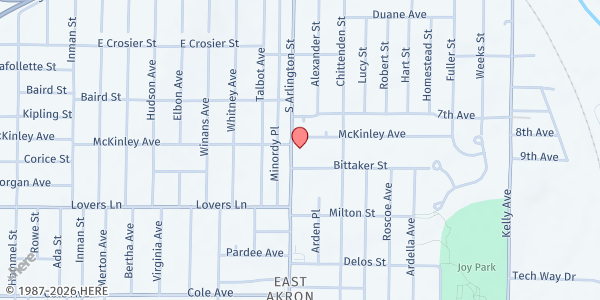Map showing Living Stone Apostolic Church at 587 South Arlington Street, Akron, OH