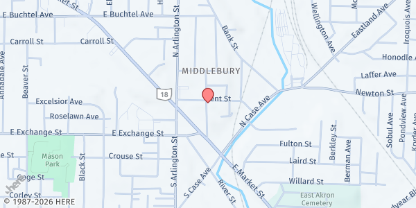 Map showing Meal Service Location at 55 Broad St, Akron, OH