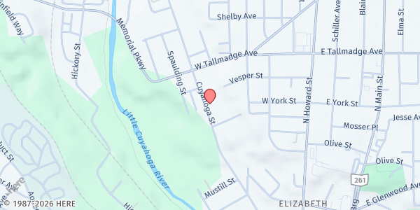 Map showing Mt. Zion Baptist Church at 327 Cuyahoga Street, Akron, OH
