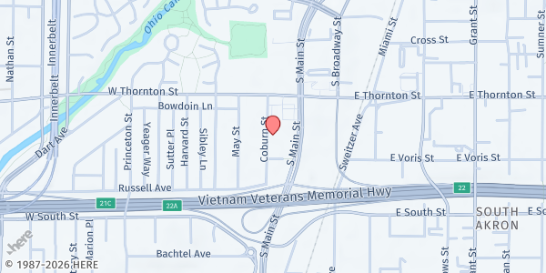 Map showing Original Church Of God - Akron at 807 Coburn Street, Akron, OH