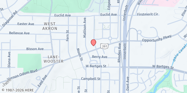 Map showing People's Baptist Church at 525 Vernon Odom Blvd., Akron, OH