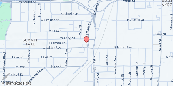 Map showing Peter Maurin Center Food Pantry at 1096 S Main St, Akron, OH