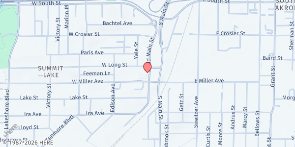 Map showing Peter Maurin Center of Akron - Main Distribution Site at 1096 S Main St, Akron, OH