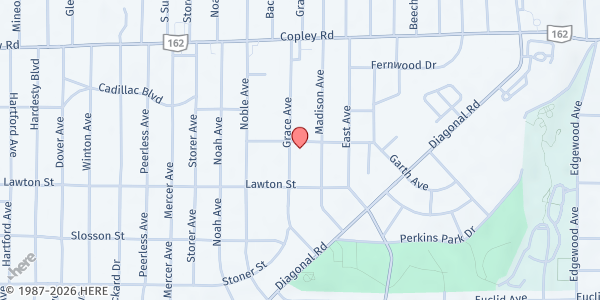 Map showing Prince of Peace Baptist Church at 844 Garth Ave, Akron, OH