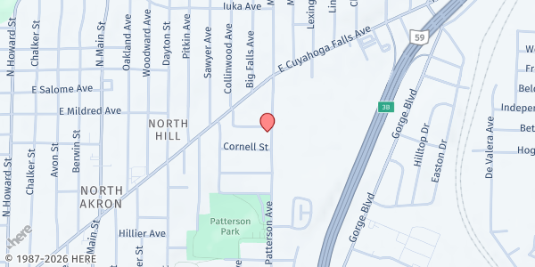 Map showing Rooted In Christ Community Church Pantry at 916 Patterson Ave, Akron, OH