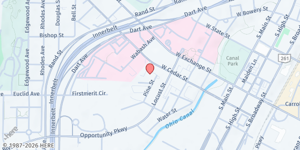 Map showing Sarah's House Inc - Meal Distribution Site at 414 Pine St, Akron, OH