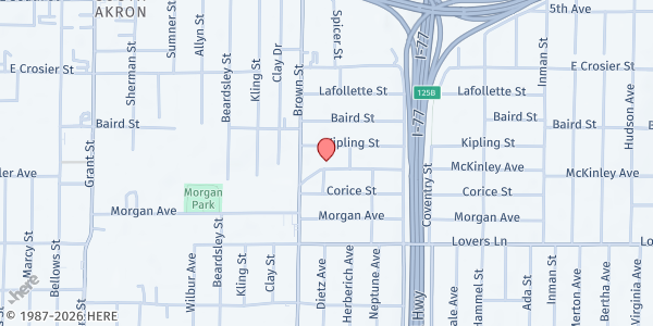 Map showing Southside Dreams Association at 547 McKinley Avenue, Akron, OH