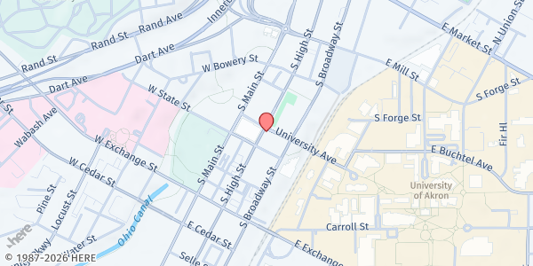 Map showing St. Bernard Catholic Church at 44 University Ave., Akron, OH