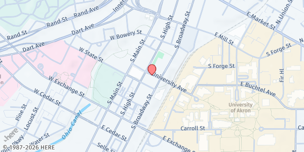 Map showing St. Bernard Food Pantry - Akron at 44 University Ave, Akron, OH